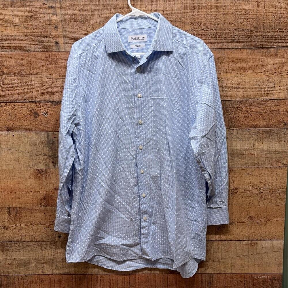 Collection By Michael Strahan Dress Shirt Mens Size 17 Blue Gingham Wrinkle Free